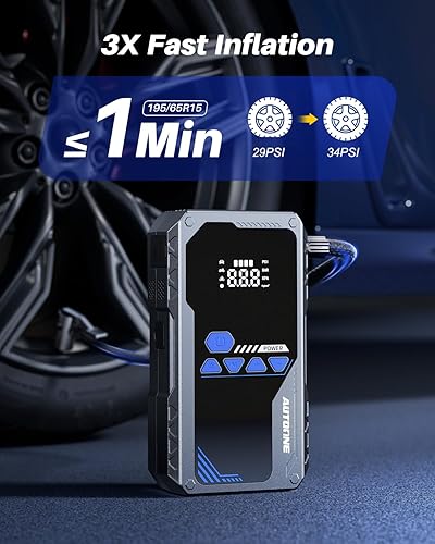 Miniatura 3 de AUTOONE Arrancador de 5000 A con compresor de aire (todo gasolina10L diesel), batería de coche de 150 PSI arrancador portátil, inflador de