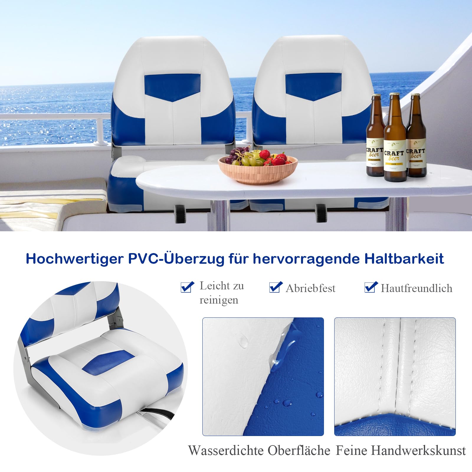 GYMAX Juego de 2 Asientos para Barco Plegables y Acolchados, 42 x 50 x 52 cm, Asiento Plegable para Barcos (Azul y Blanco)