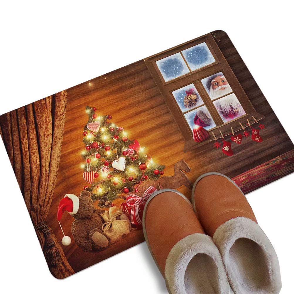 Christmas Tree Gifts Santa Doormat Indoor/Outdoor/Front Door/Entry Way Bathroom Mats With Non Slip Backing 24X16 Inch