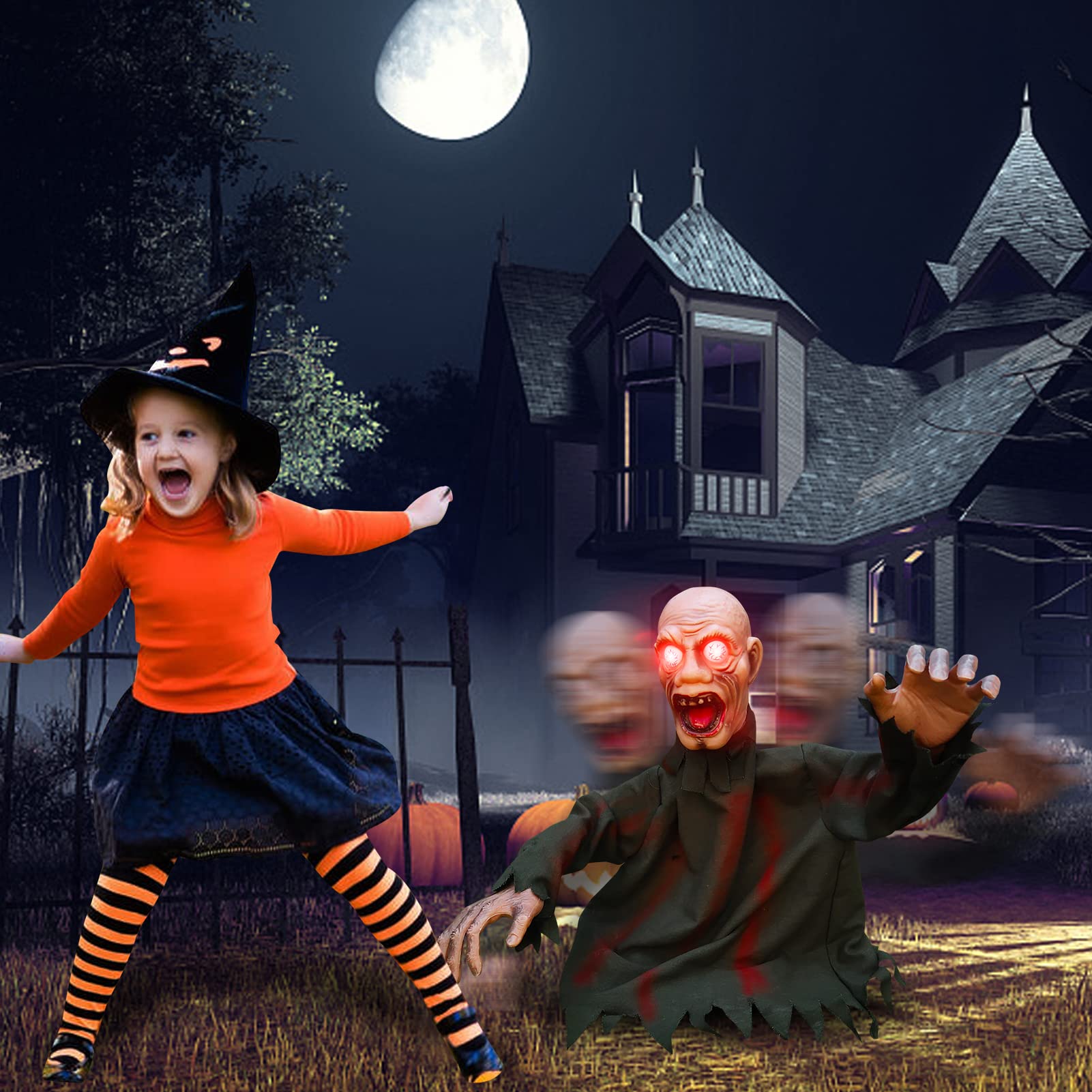 Animated Halloween Decorations Outdoor Scary Groundbreaker Zombie Props with LED Eyes, Swing Body and Creepy Sound, Perfect Zombie Decor for Halloween Lawn Graveyard Haunted House Outdoor Decoration