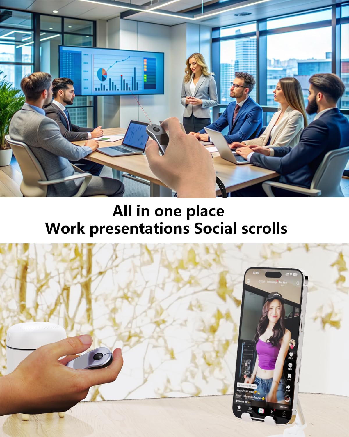Air Mouse Wiederaufladbarer kabelloser Presenter mit Touchpad für PC/Laptop/iOS/Android, Bluetooth-Fernbedienung für PowerPoint/Keynote/TikTok/Kamera/Kindle App (Silber)