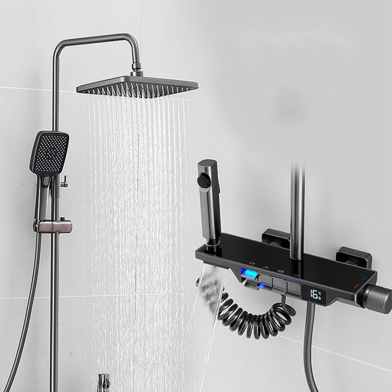 Set Rubinetto Doccia Grigio con Display della Temperatura, Miscelatore a 4 funzioni, soffione a Pioggia, doccetta, doccetta Bidet, beccuccio per Vasca.