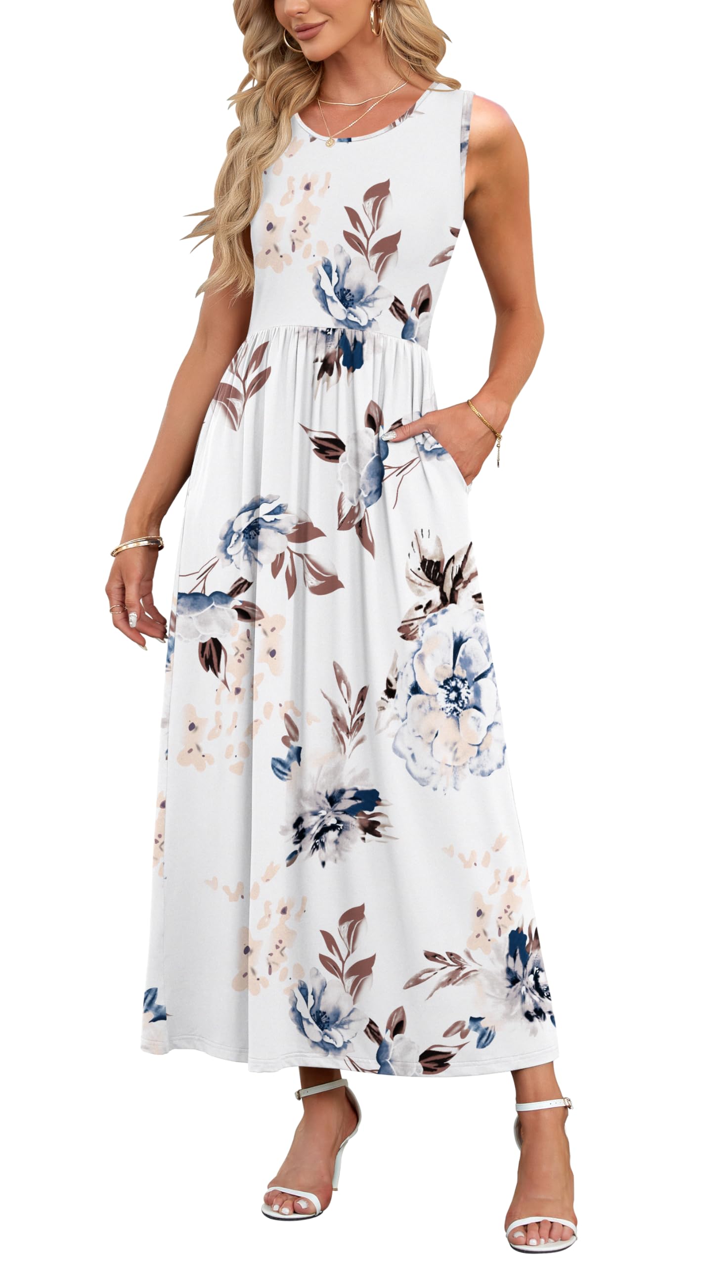 AUSELILYSummer Dresses for Women Casual Sleeveless Ladies Maxi Dress Long with Pockets