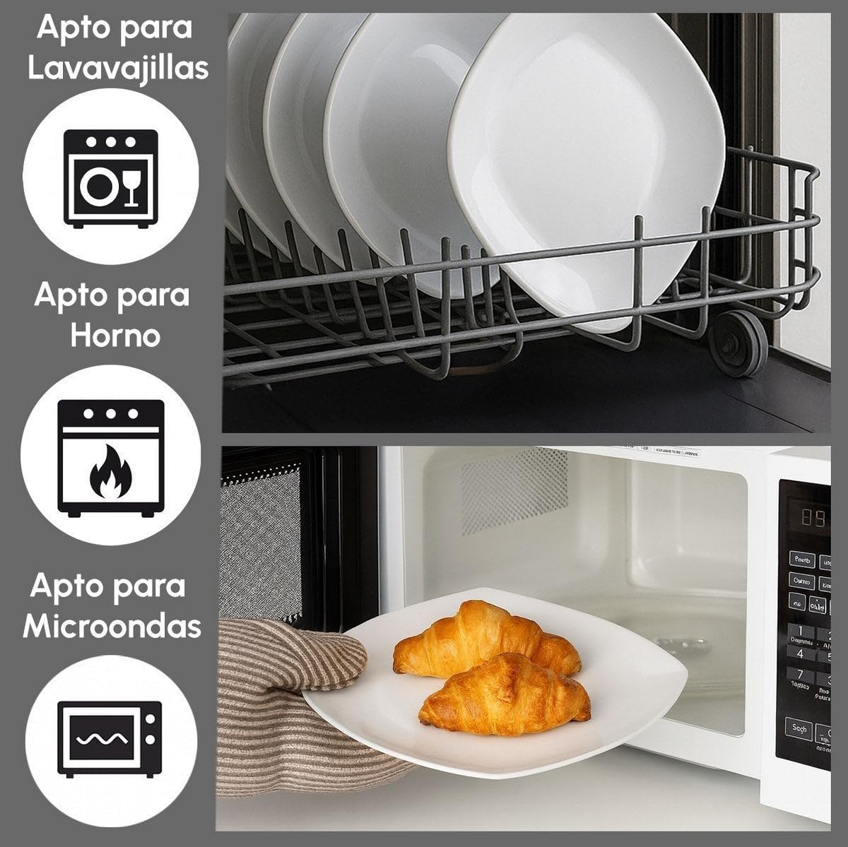 12 Platos Llanos de Porcelana Blanca - Juego de 12, Diseño Cuadrado, 25 cm, Aptos para Lavavajillas y Microondas, Color Blanco