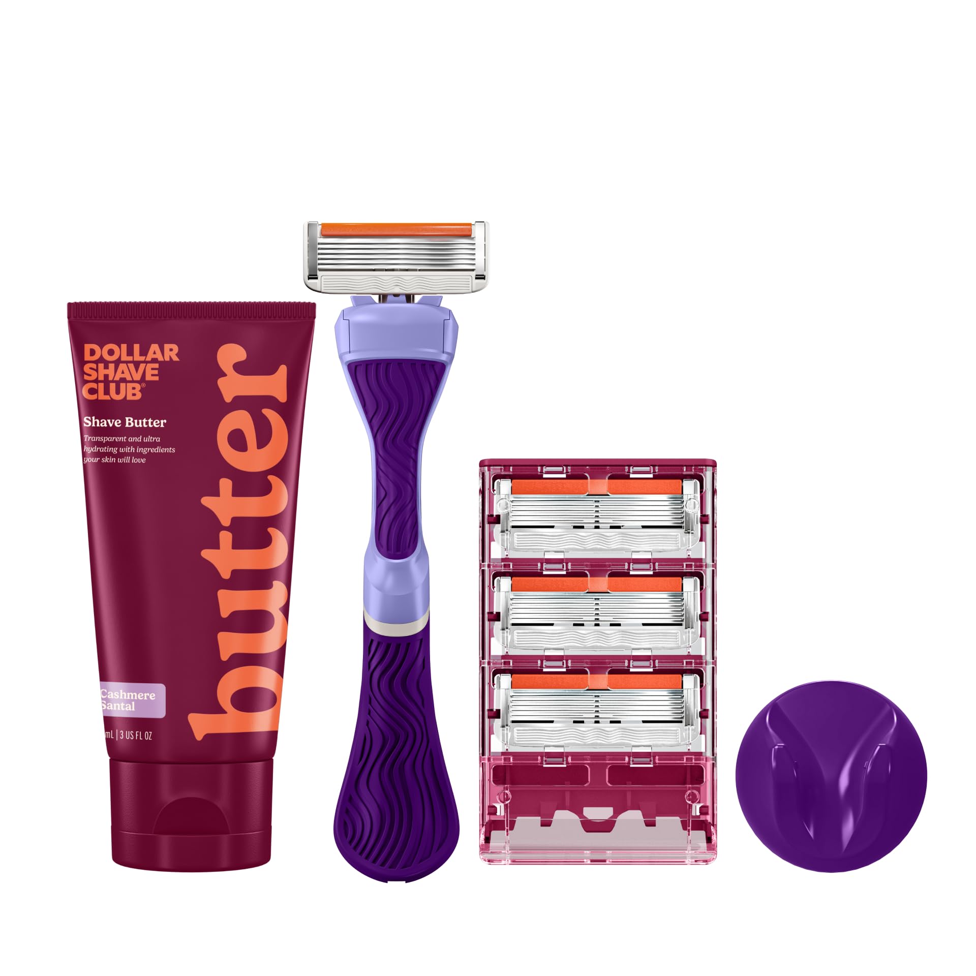 Dollar Shave Club Dla kobiet | 1 uchwyt z fioletową falą, 4 wkłady do maszynki do golenia, 1 kaszmirowe masło do golenia, 1 wieszak prysznicowy | maszynka do golenia dla kobiet