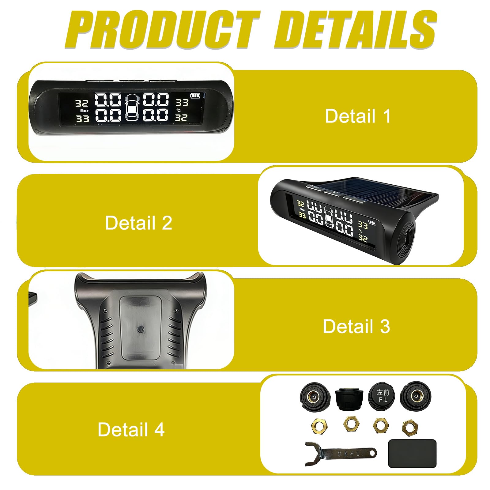 TPMS Reifendruckkontrollsystem, Reifendrucküberwachungssystem, mit LCD-Anzeige und 4 Externen Reifendrucksensor, Solar & USB Aufladbar, Monitor Auto Reifendruckkontrollsystem für RV, LKW, Van und SUV
