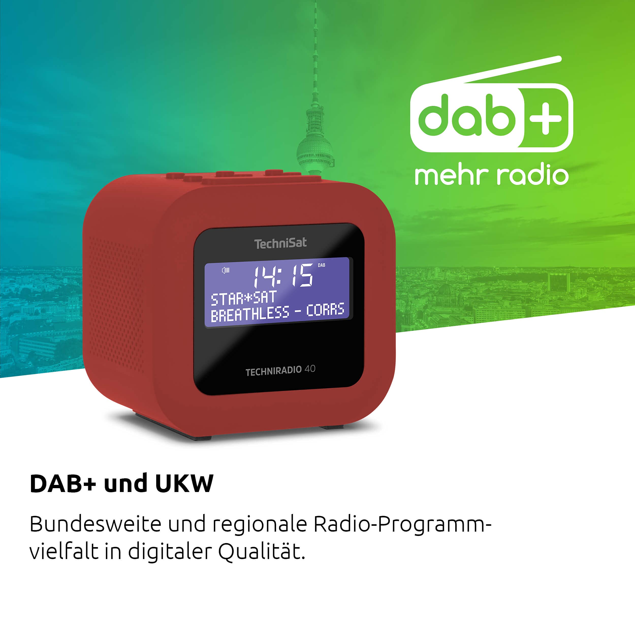 TechniSat TECHNIRADIO 40 - DAB+ Radio Sveglia (DAB, VHF, sveglia con due tempi di sveglia regolabili, Sleeptimer, funzione Snooze, display LCD dimmerabile, funzione ricarica USB) rosso (0002/2940)