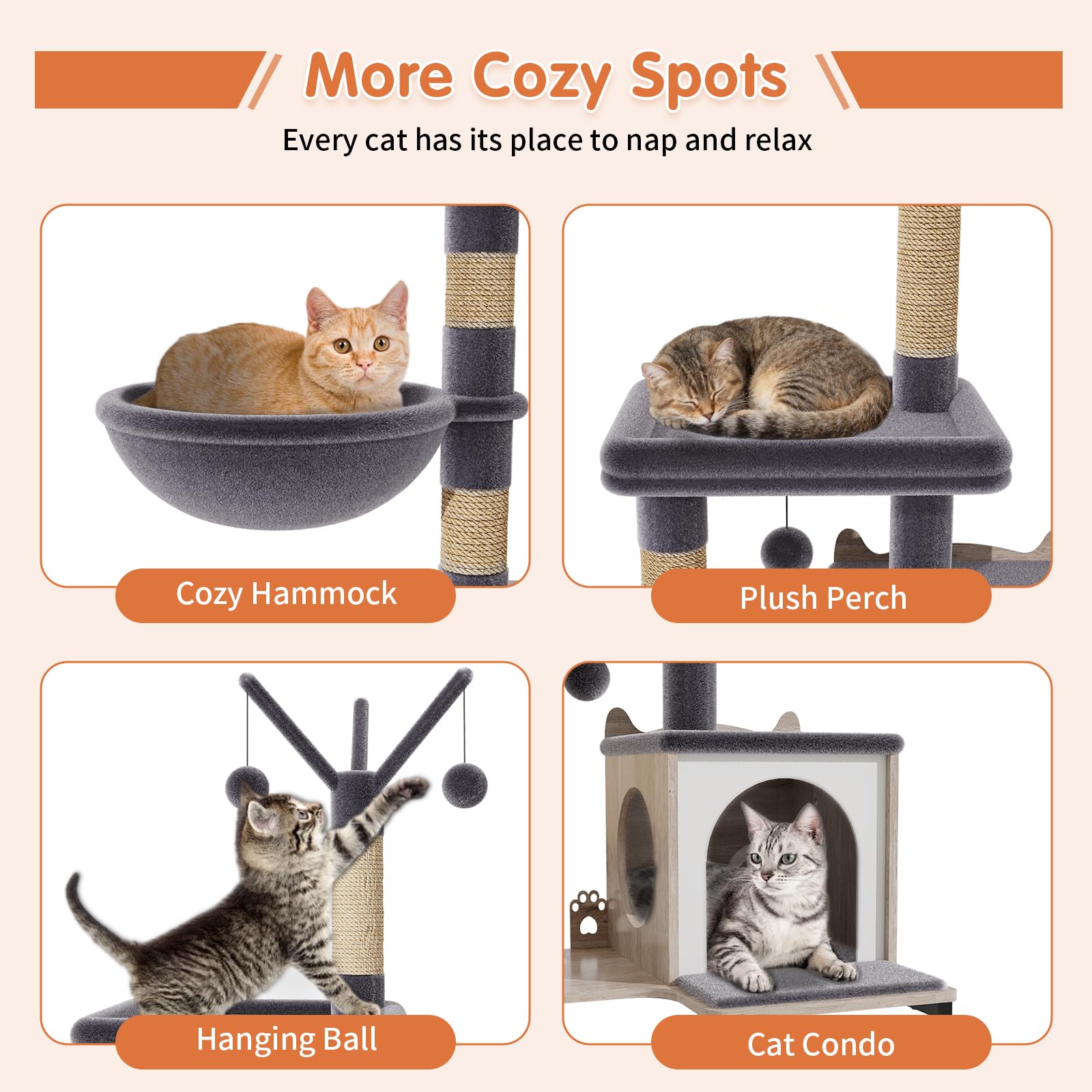 HavenlyYouth Árbol para gatos con cuencos de comida y caja de arena, torre para gatos de varios niveles con postes de sisal para jugar, hamaca de felpa en gris para mayor comodidad