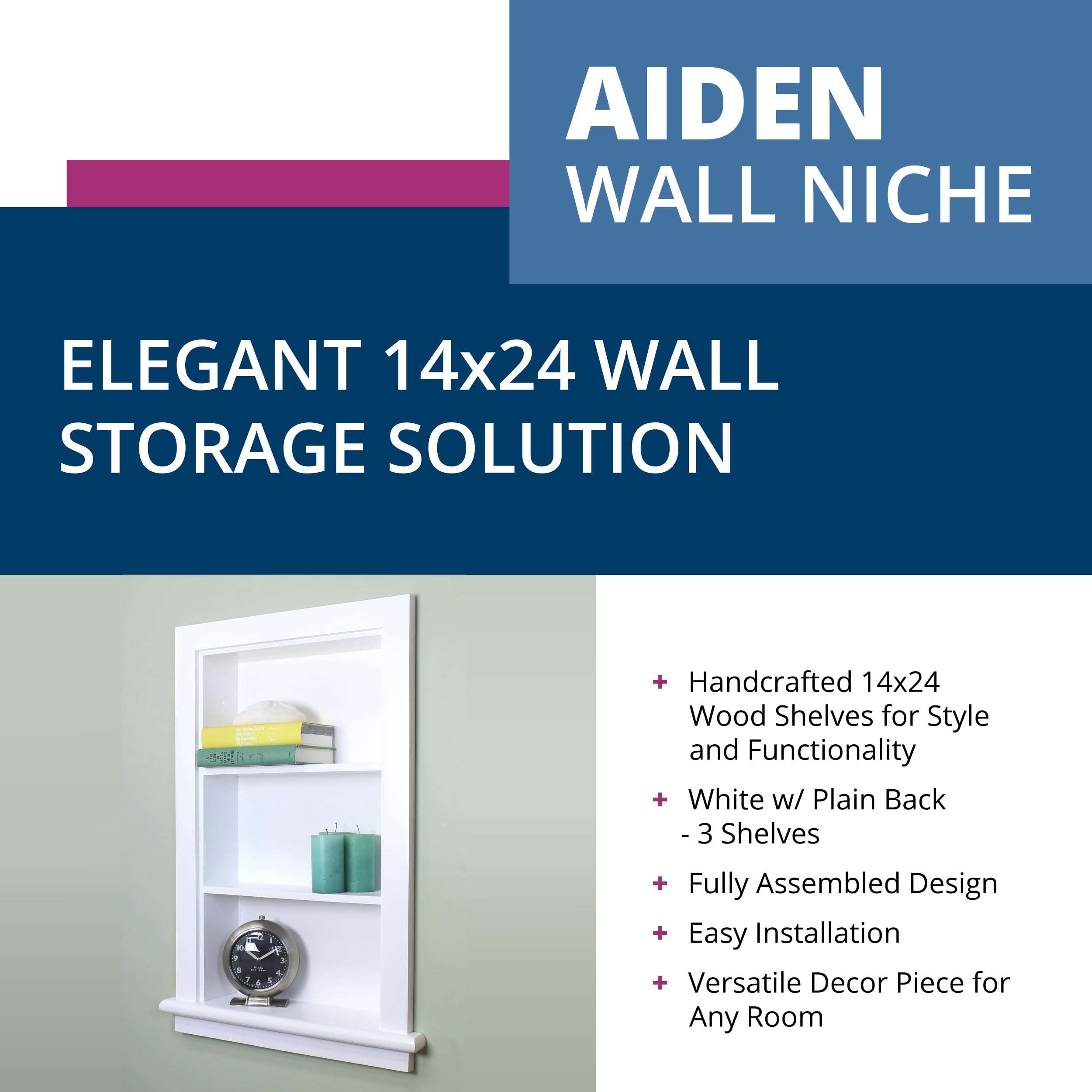 Fox Hollow Furnishings 14x24 Aiden Recessed Wall Niche Medicine Cabinet Replacement, in The Wall Bathroom Cabinet Insert Shelf/Shelves, Made in North America, Real Wood, NO MDF, Plain, White