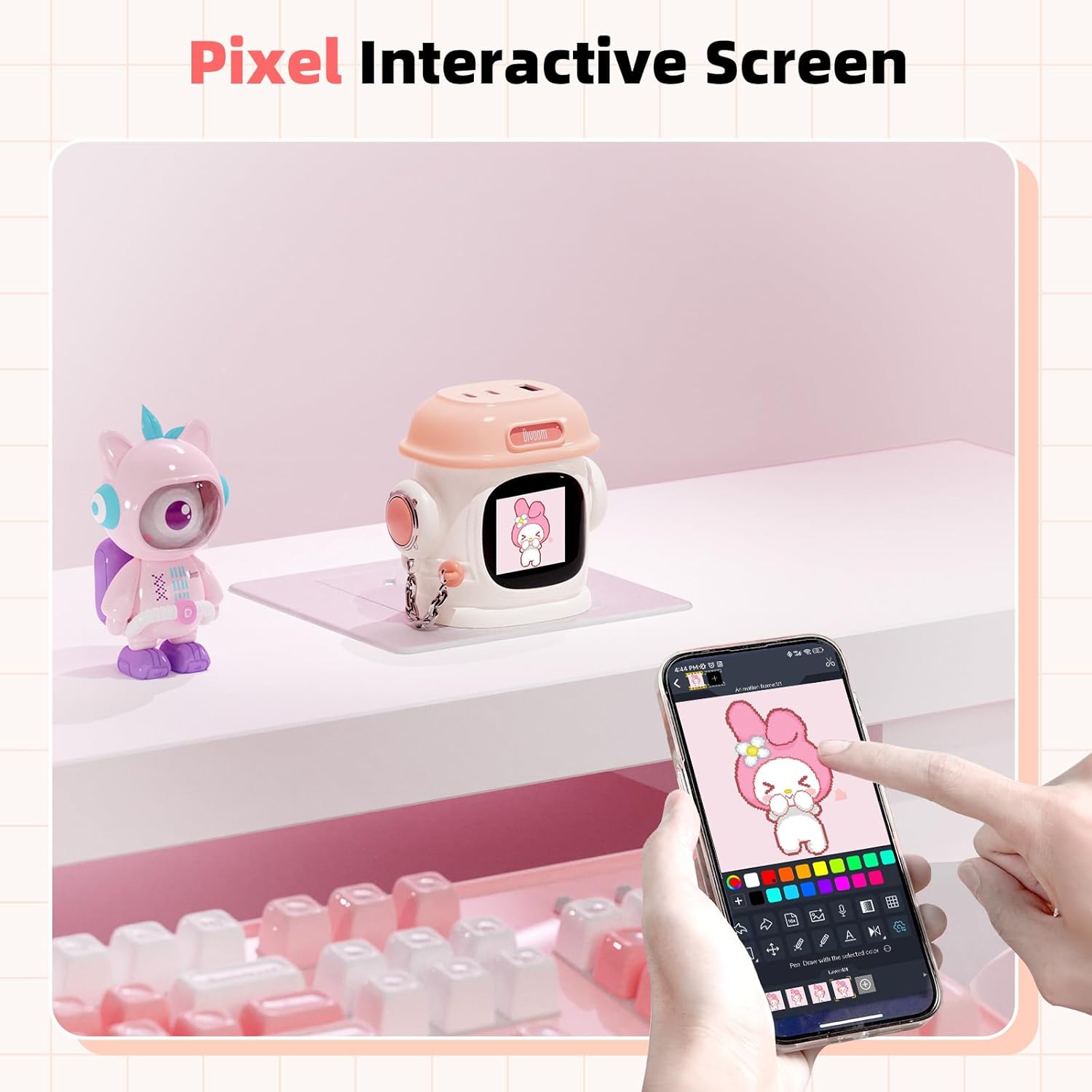 Divoom Dipow 65W USB-C Charger 3-Port Fast GaN Charger with DIY Pixel Display Foldable Compact Wall Block Power Adapter for iPhone 16/15 MacBook iPad Galaxy S23/S24 Switch (with 100w Cable) (Pink) - Image 4