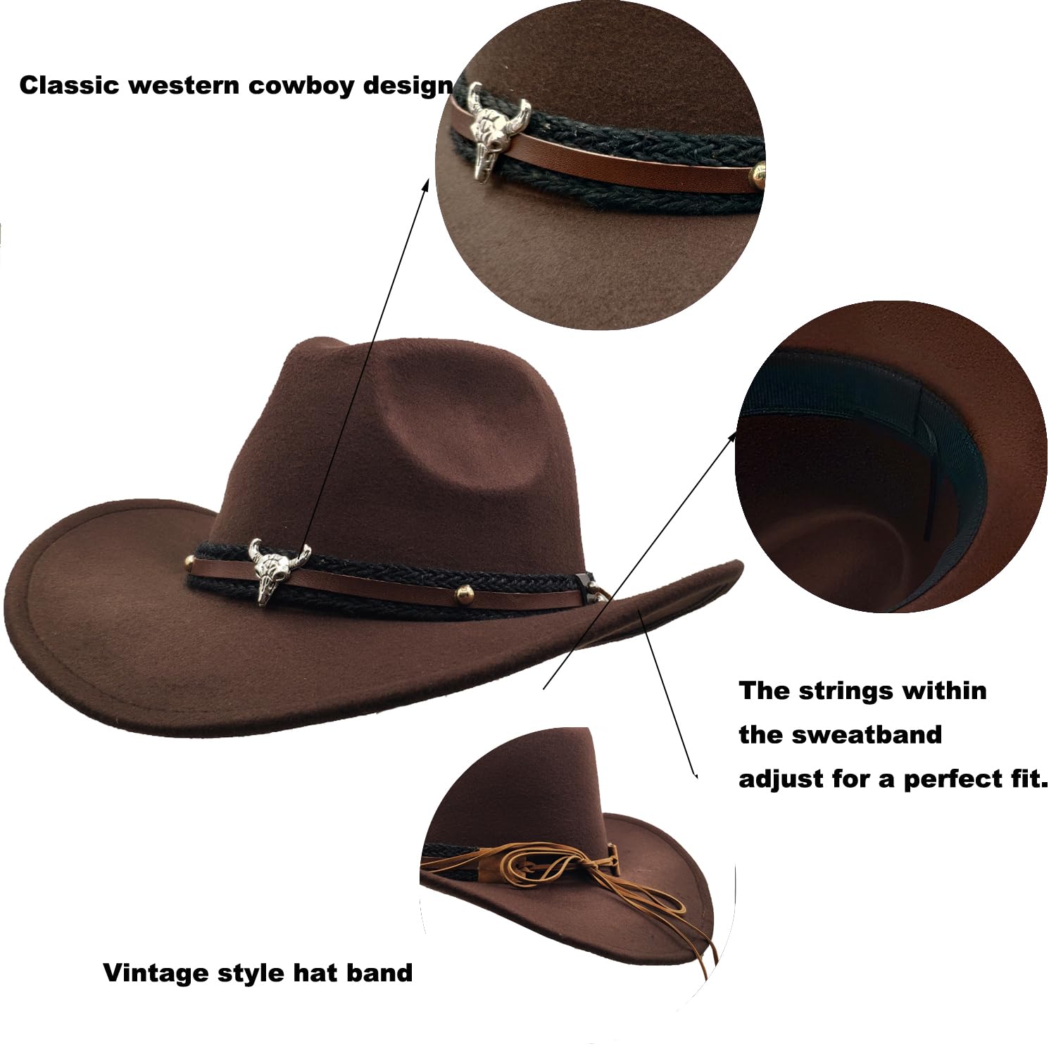 Sombrero de vaquero de fieltro para hombre y mujer de ala ancha - Marrón - talla única