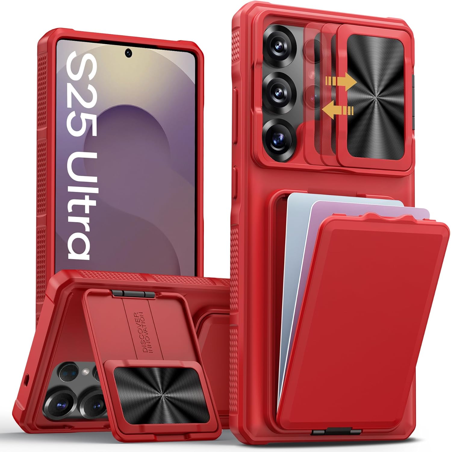 SSLOTSCASE for Samsung Galaxy S25 Ultra Case with Wallet & Stand & Sliding Camera Lens Cover & Card Holder, Heavy-Duty Rugged Silicone Edge Protective Phone Case Cover for S25 Ultra 5G 6.9" 2025, Red