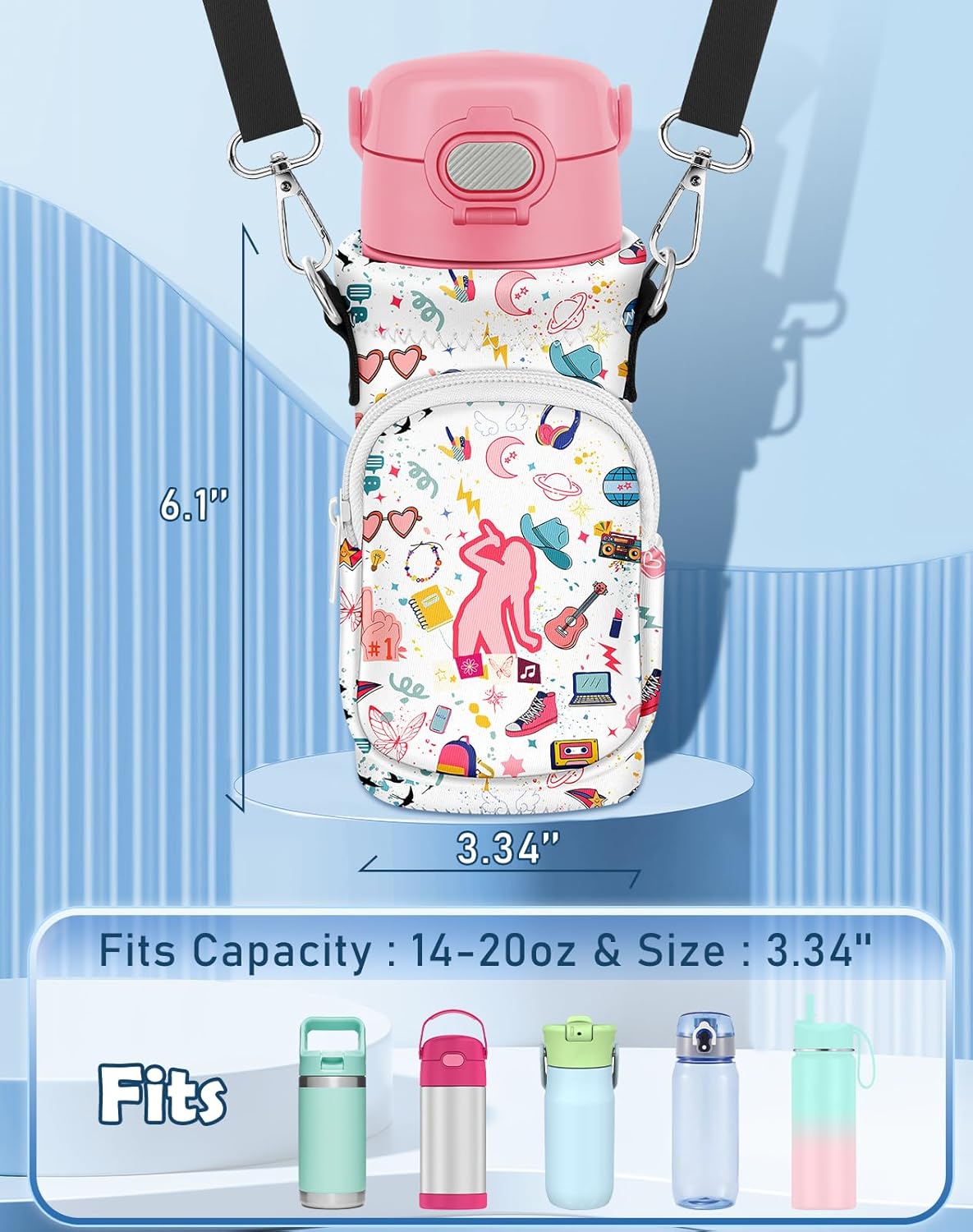 Water Bottle Carrier with Strap - Insulated Neoprene Water Bottle Holder Bag with Pocket for 14-20 oz - Image 2