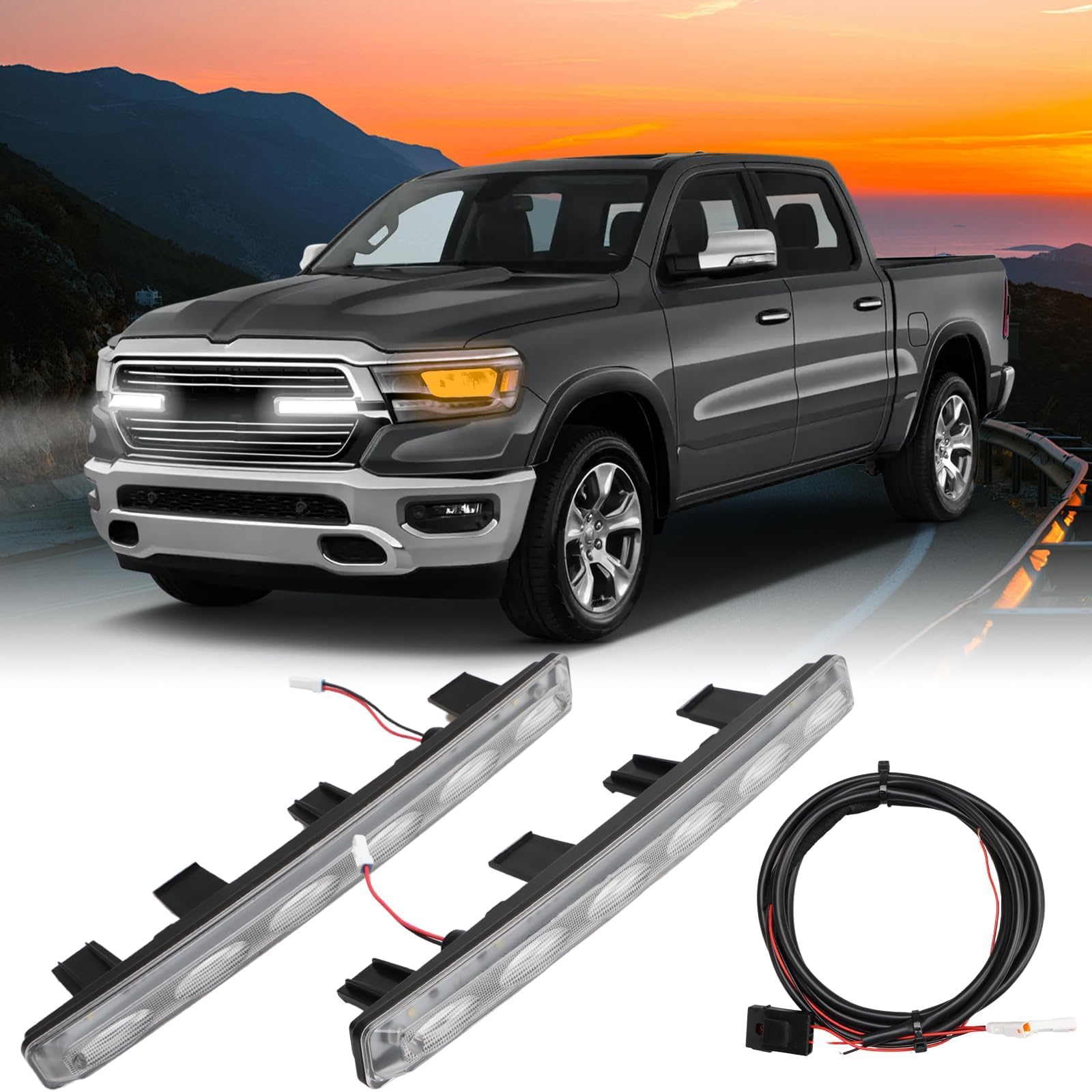 FUSCH Pair of LED Front Grille Lights Compatible with 2019-2024 Dodge Ram 1500, Waterproof Exterior Grille Trim Lamp with Wiring Harness Kit, Radiator