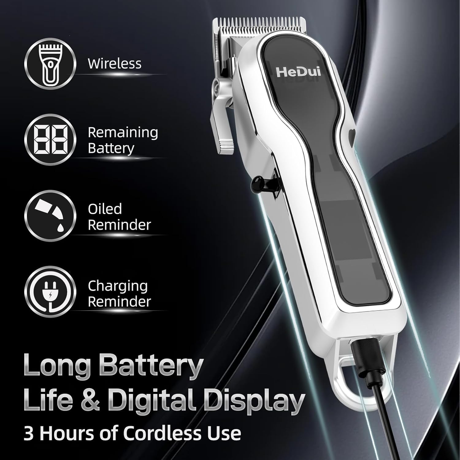 HeDui 2 Pack Hair Clippers for Men Cordless Barber Clipper with LED Display 7000RPM Heavy Duty Motor Stainless Steel Blade Low Noise Hair Trimmer with Adjustable Fade Lever & 4 Guide Combs