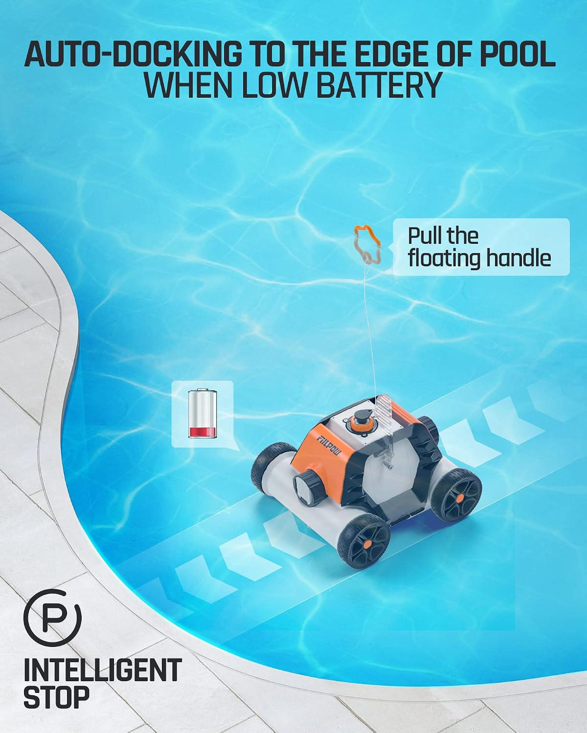 (2023 New) FIILPOW Cordless Robotic Pool Cleaner, Automatic Pool Vacuum with Auto-Docking Technology, Rechargeable, Lightweight, 90 Mins Running Time for Above-Ground Pools Up to 800 Sq.ft, Orange