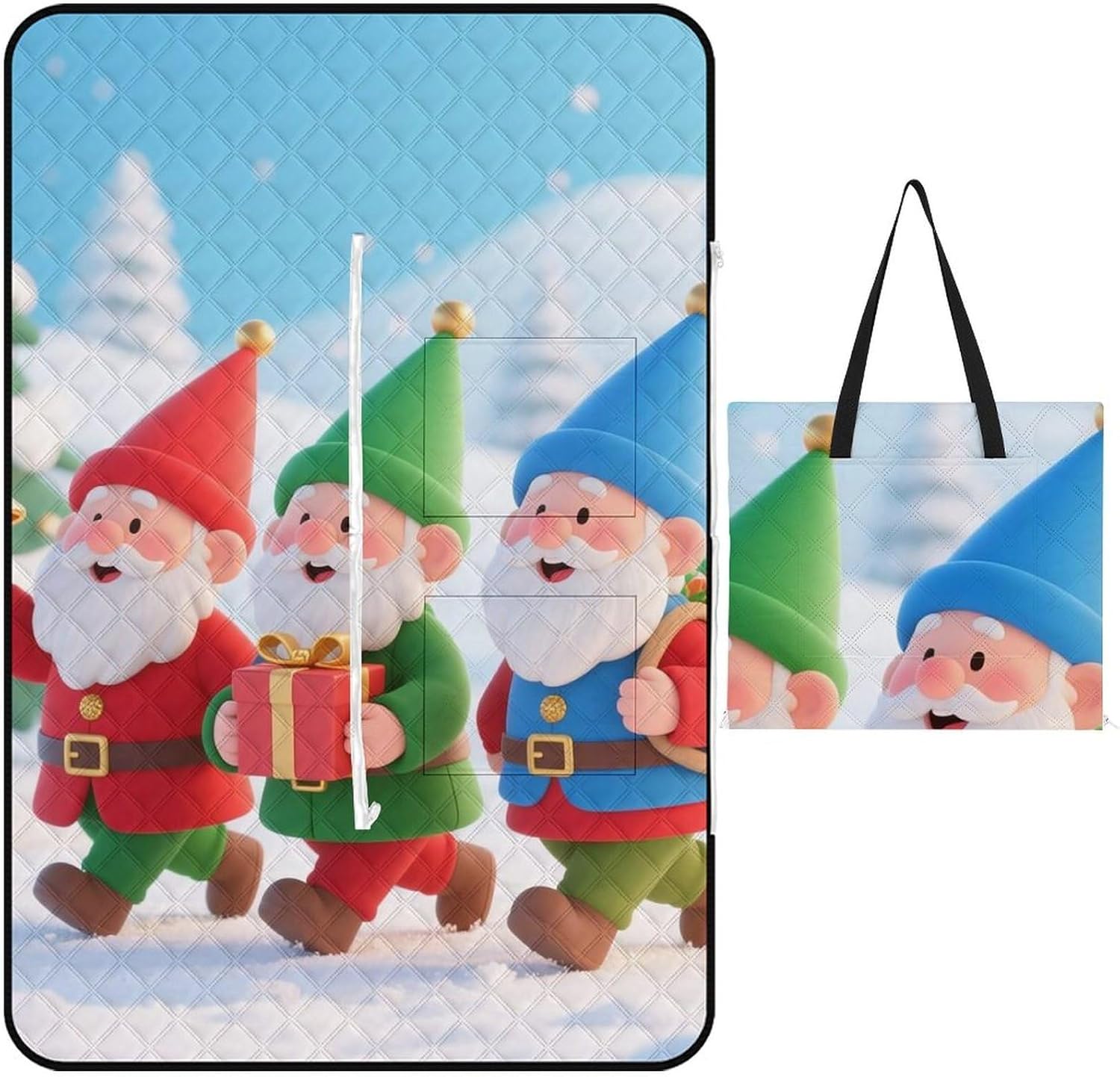Christmas Gnomes Picnic Blanket 150x100cm, Foldable 2-in-1 Picnic Mat and Tote Bag Portable Waterproof Beach Mat Sandproof Outdoor Blanket for Park, Hiking, Beach, Camping, Travel