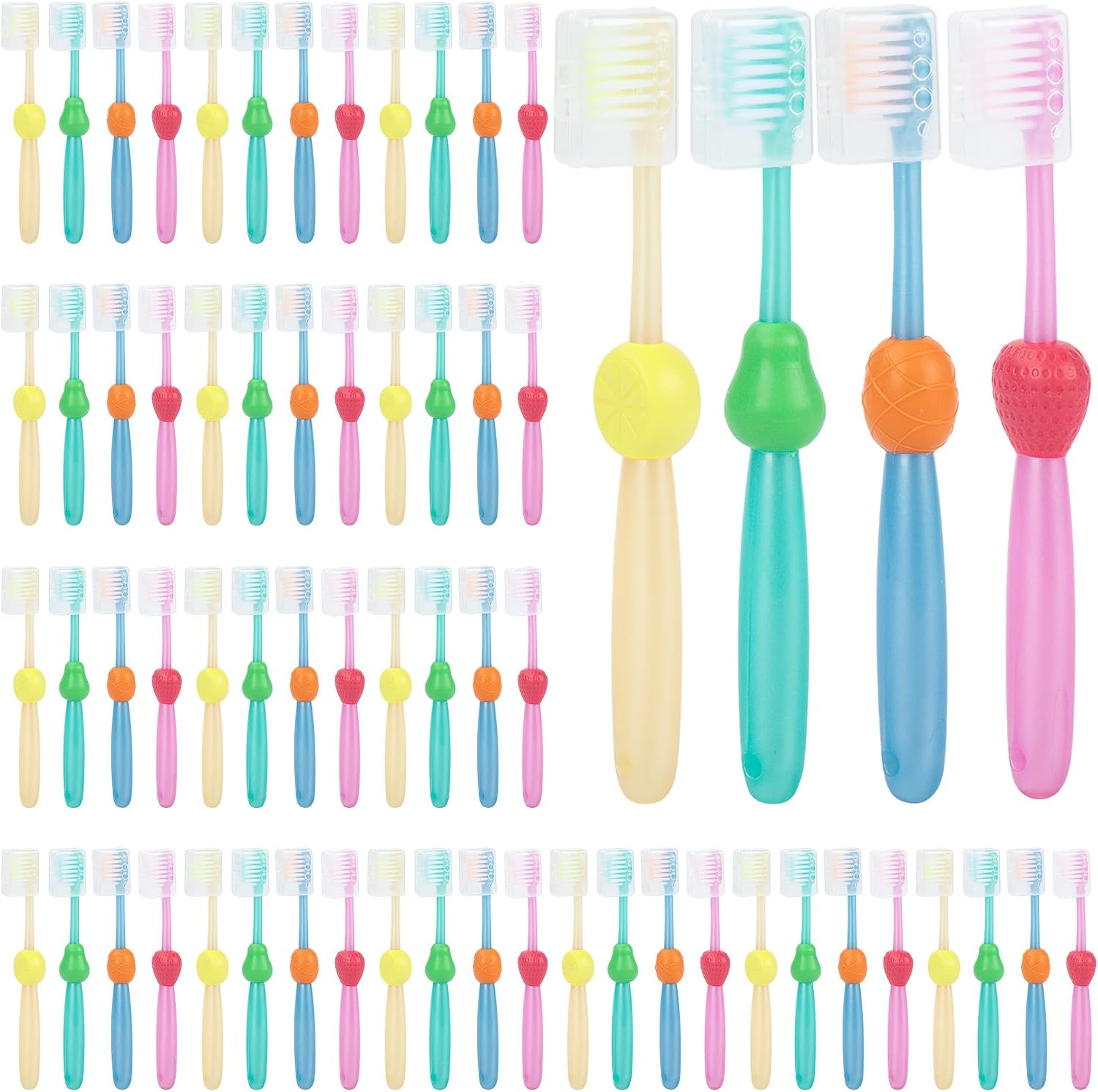 Kocpudu Kid Toothbrush Bulk, 4 Colors Kid Toothbrush with Cover, Cute Fruit Style, Soft Bristles, Individually Packaged, Suitable for Kids to Stay at Home, Take Care of, and Travel (200-PACK)