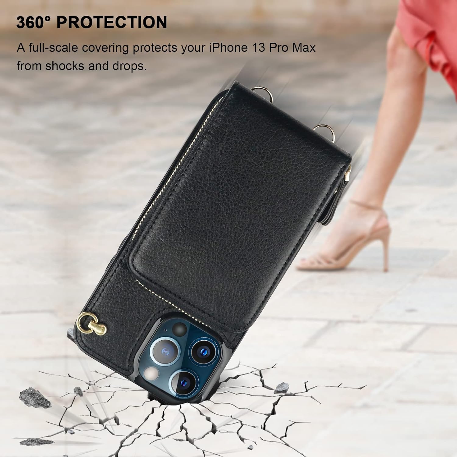 KIHUWEY Crossbody Wallet Case for iPhone 13 Pro Max, Zipper Pocket Case with Card Holder, PU Leather Protective Cover with Kickstand Detachable Wrist Strap Lanyard 6.7" (Black)