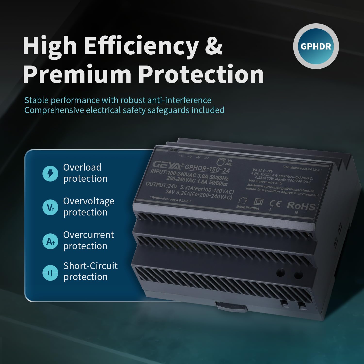 Ultra Slim Step-Shape DIN Rail Power Supply, 24V 5.31A 127.4W GPHDR-150-24 for Industrial Automation, Communication Base Stations, Data Centers and Medical Equipment