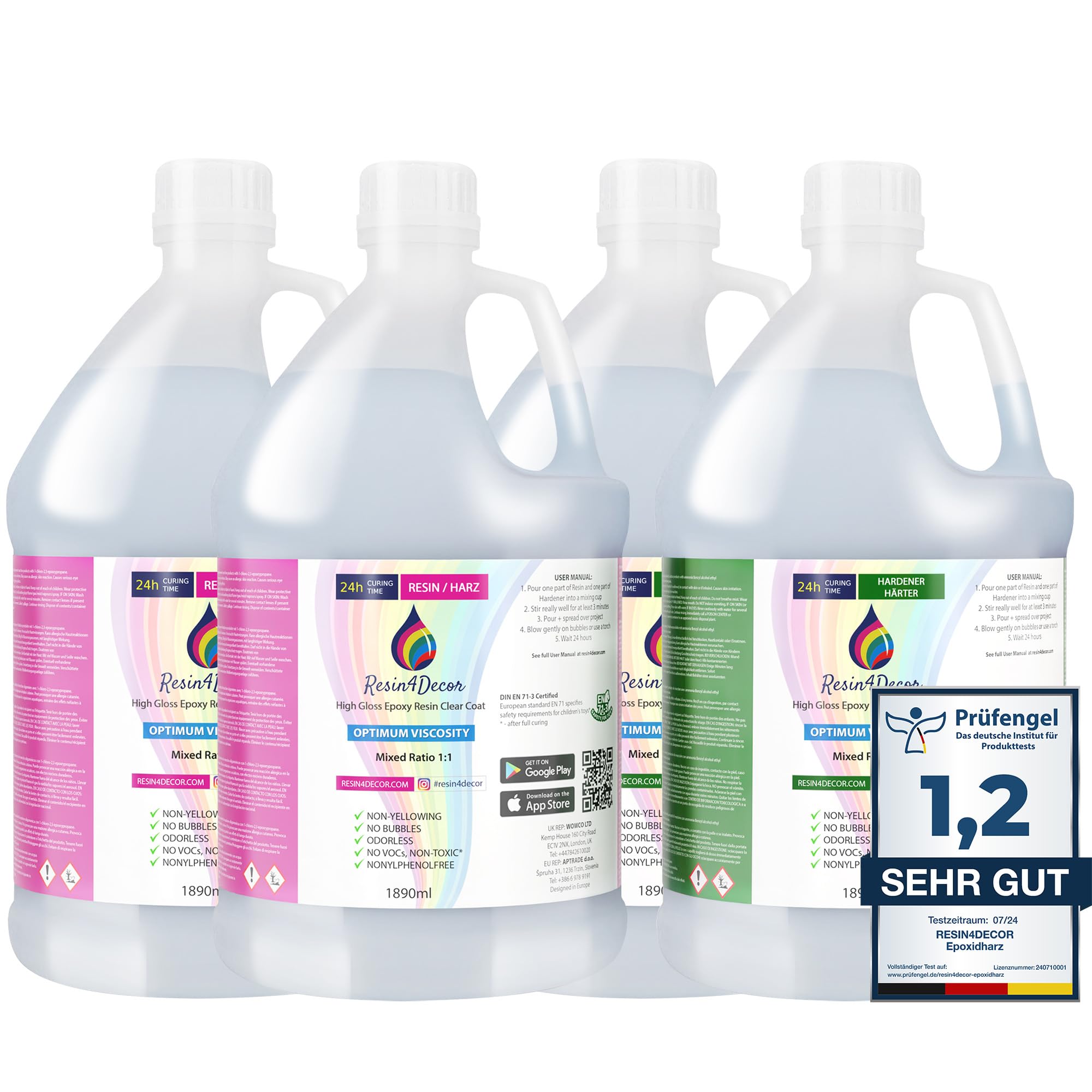 RESIN4DECOR 7560ml Epoxidharz Set [Kristallklar & Geruchlos] – 1:1 Gießharz für Schmuck, Kunst & Formenbau (Vergilbungsfrei & Ungiftig) – Transparentes Laminierharz mit 24h Aushärtungszeit