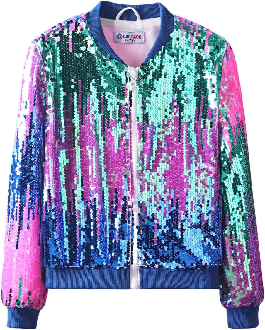 WELAKEN Girls' Ombre Sequin Bomber Jacket with Pockets Lightweight Sparkle Long Sleeve Zipper Gradient Jackets for Kid