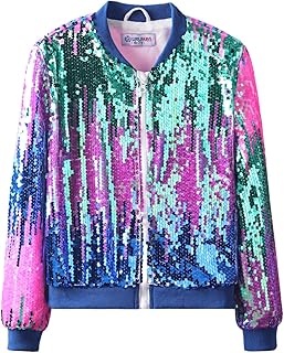 Girls' Ombre Sequin Bomber Jacket with Pockets Lightweight Sparkle Long Sleeve Zipper Gradient Jackets