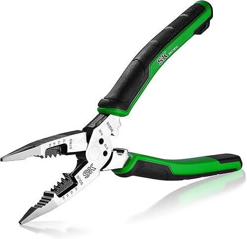 SK Alicates de punta larga multiusos de 8 pulgadas, alicates de punta de aguja, 7 en 1, construcción de acero CR-V premium, mango ergonómico