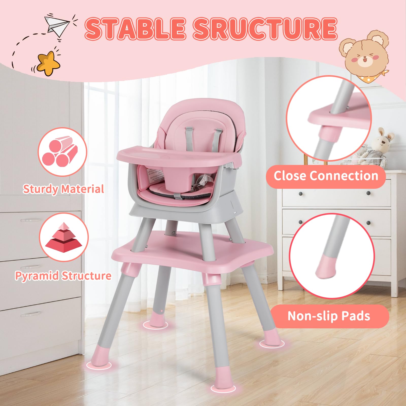 Kinder King 8 in 1 Baby High Chair, Coverts to Dining Booster Seat/Kids Table & Chair Set/Toddler Building Block Table/Kids Stool, Removable Tray & Double Seat Cover, Easy to Wipe, Grey & Pink