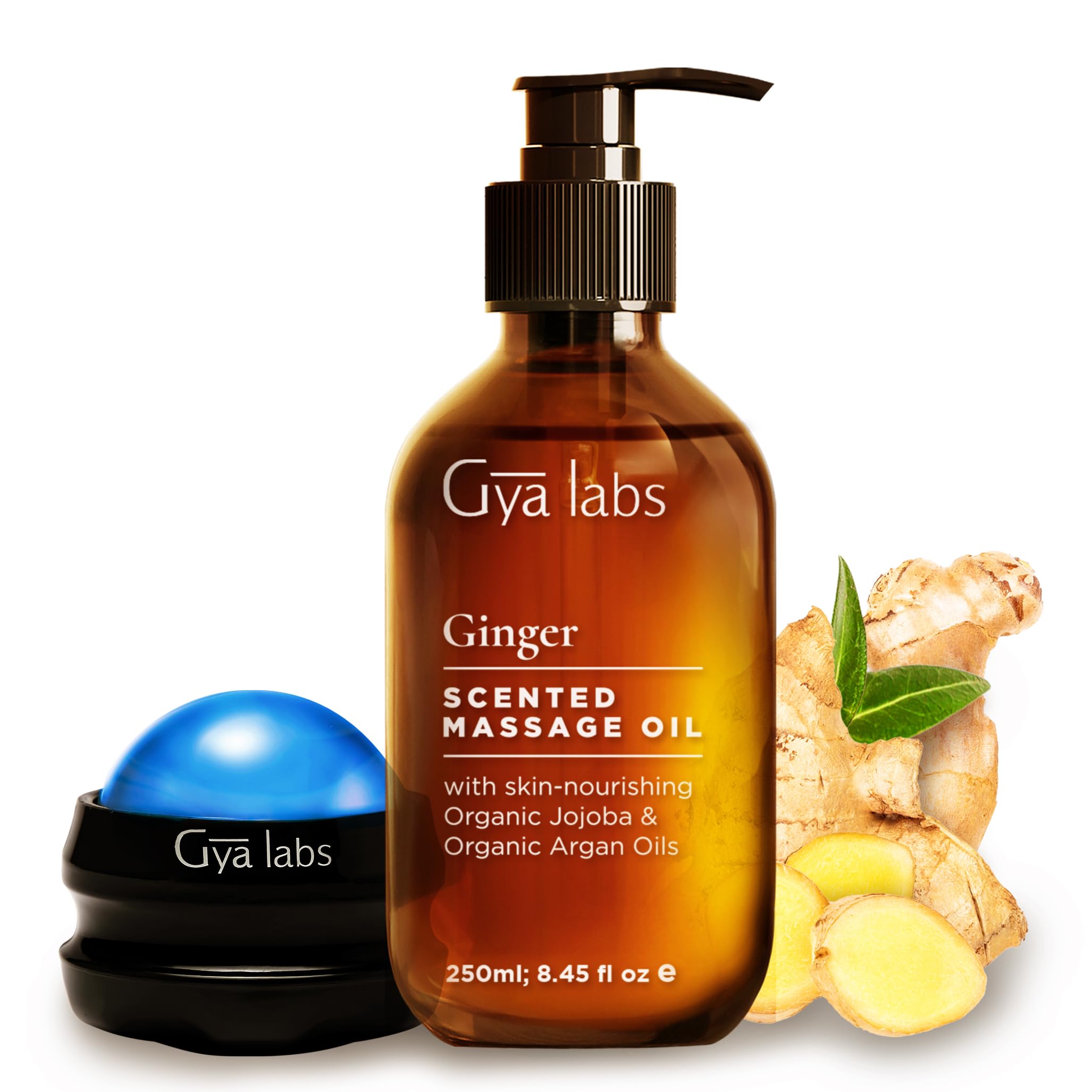 Gya Labs Ginger Massage Oil - 8.45 Fl Oz - 100% Pure Natural for Invigorating Muscle Comfort, Sore Muscle Ginger Massage Oil with Roller Ball for Skin