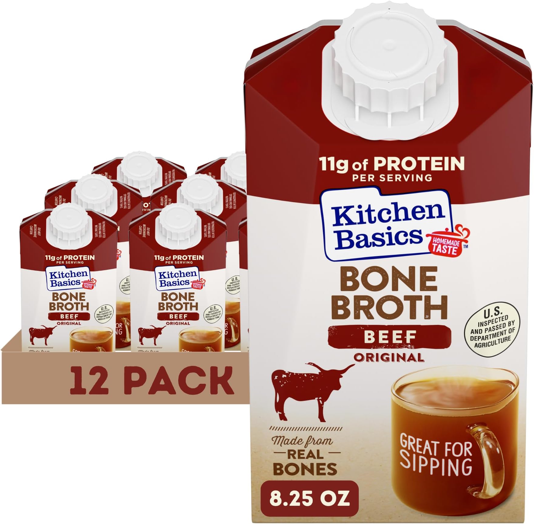 Kitchen Basics Beef Bone Broth, 8.25 oz Carton, a Delicious Boost of Flavor to soups and gravy, Great for Sipping and a Source of Protein