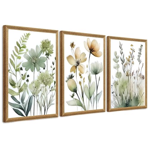 SYWENNOI Triptych Watercolor Botanical Framed Cnavas Wall Art 20x30 inch