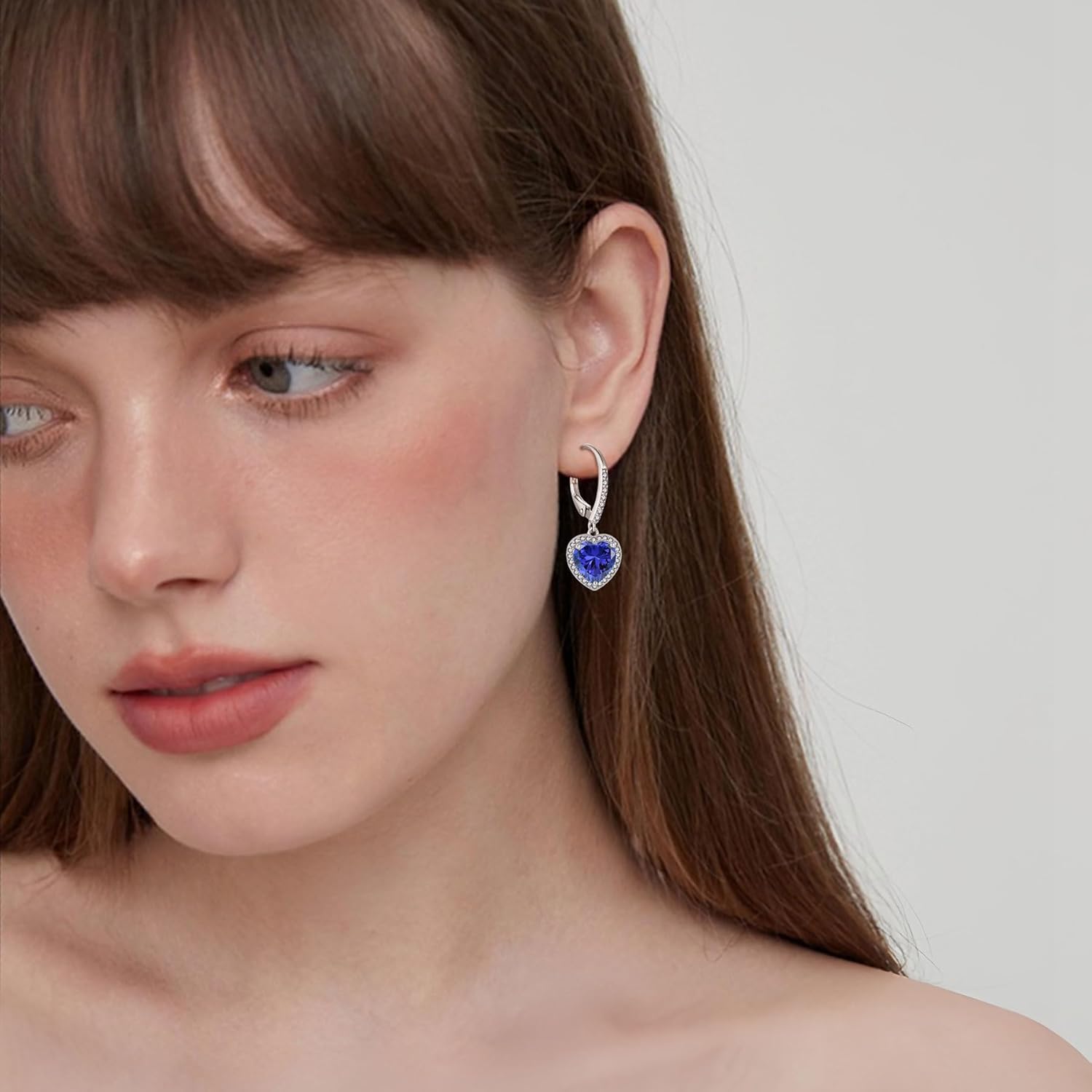 FJ Heart Dangle Drop Earrings 925 Sterling Silver Halo Leverback Earrings Birthstone Jewelry for Women - Image 2