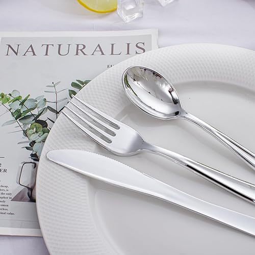 Miniatura 5 de WDF 500 cubiertos de plástico plateado  Utensilios de plástico plateado  250 tenedores, 125 cucharas, 125 cuchillos, juegos de cubiertos desechables