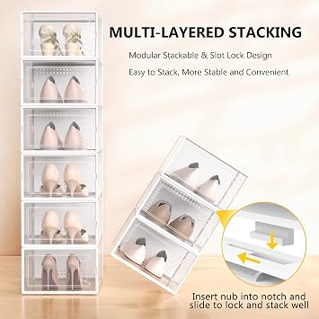 12 Pack X Large Shoe Organizer Storage Boxes for Closet, Modular Space Saving Shoe Boxes Clear Plastic Stackable Sneaker Containers Display Case with Lids, White