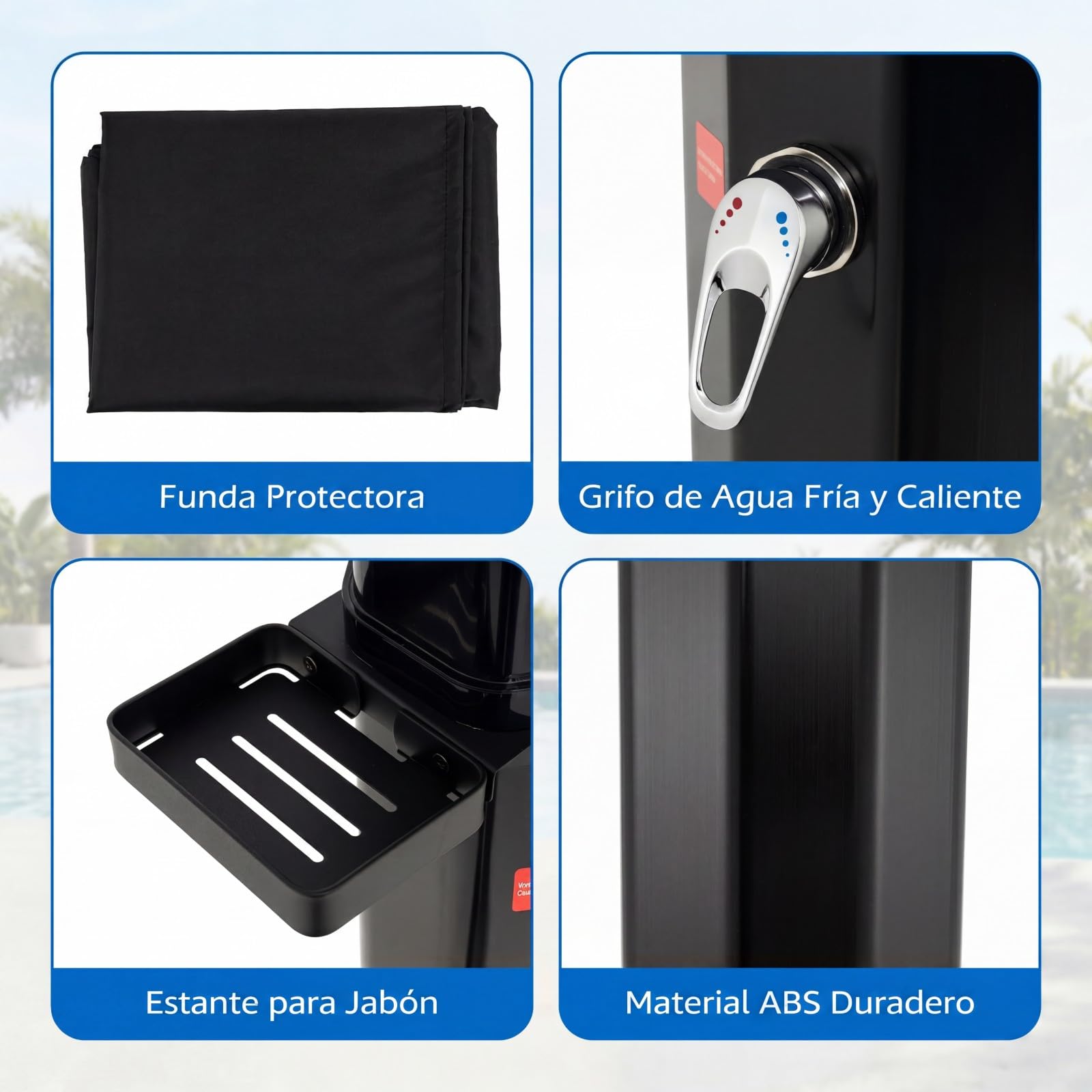 COSTWAY Ducha Solar Exterior de 60 L, 94 cm Ducha de Jardín con Cabezal Giratorio 360°, Grifo para Pies, Estante y Cubierta Protectora, Agua Caliente hasta 60℃, para Piscina Patio Playa, Negro