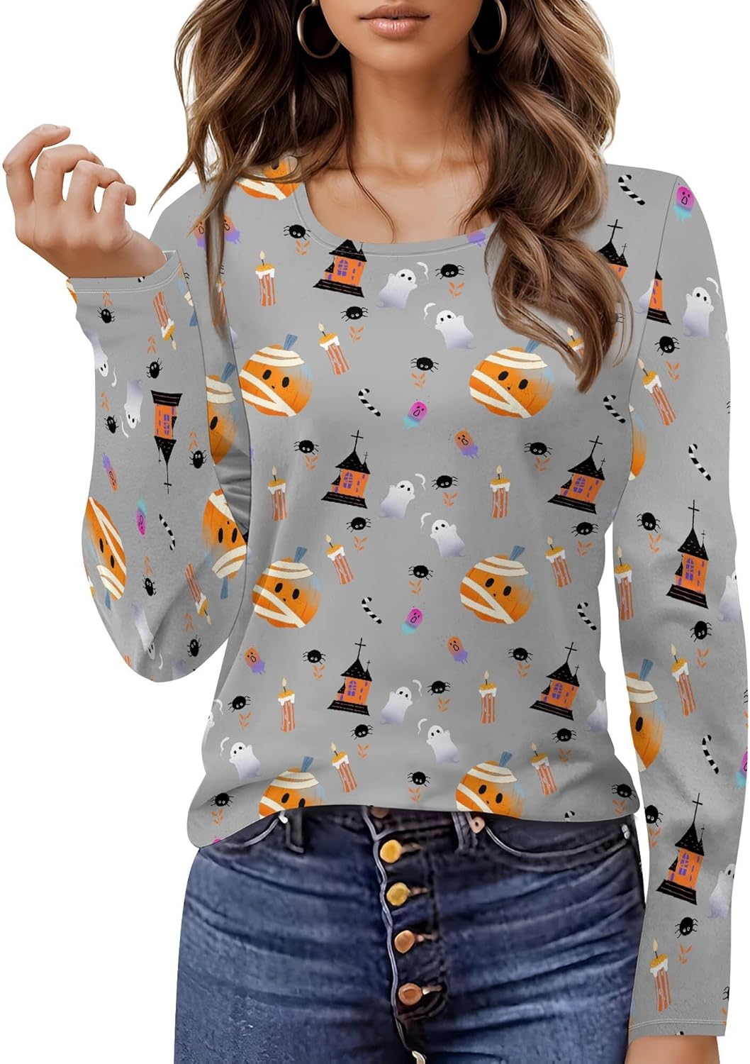 Halloween Sweatshirts For Women Cute Pullover Fall Long Sleeve Pullover U-Neck Hall...