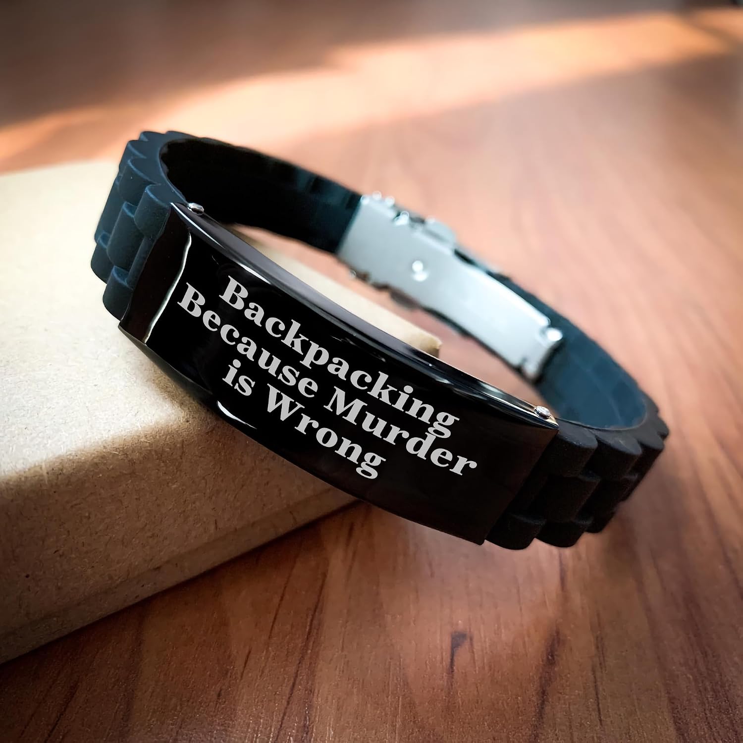 Backpacking Essential Gifts for Him from Friends, Valentine's Unique Backpacking Accessories with Glide lock Clasp, Because Murder Is Wrong Funny Quote (150-200 characters in total)