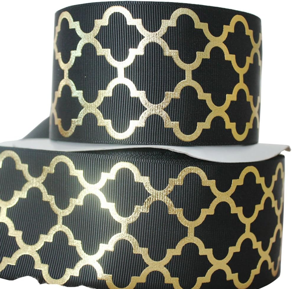 HMR 57MM Foil Gold Printed Grosgrain Ribbons Decoration Tape for Bows 10 Yards (Black)