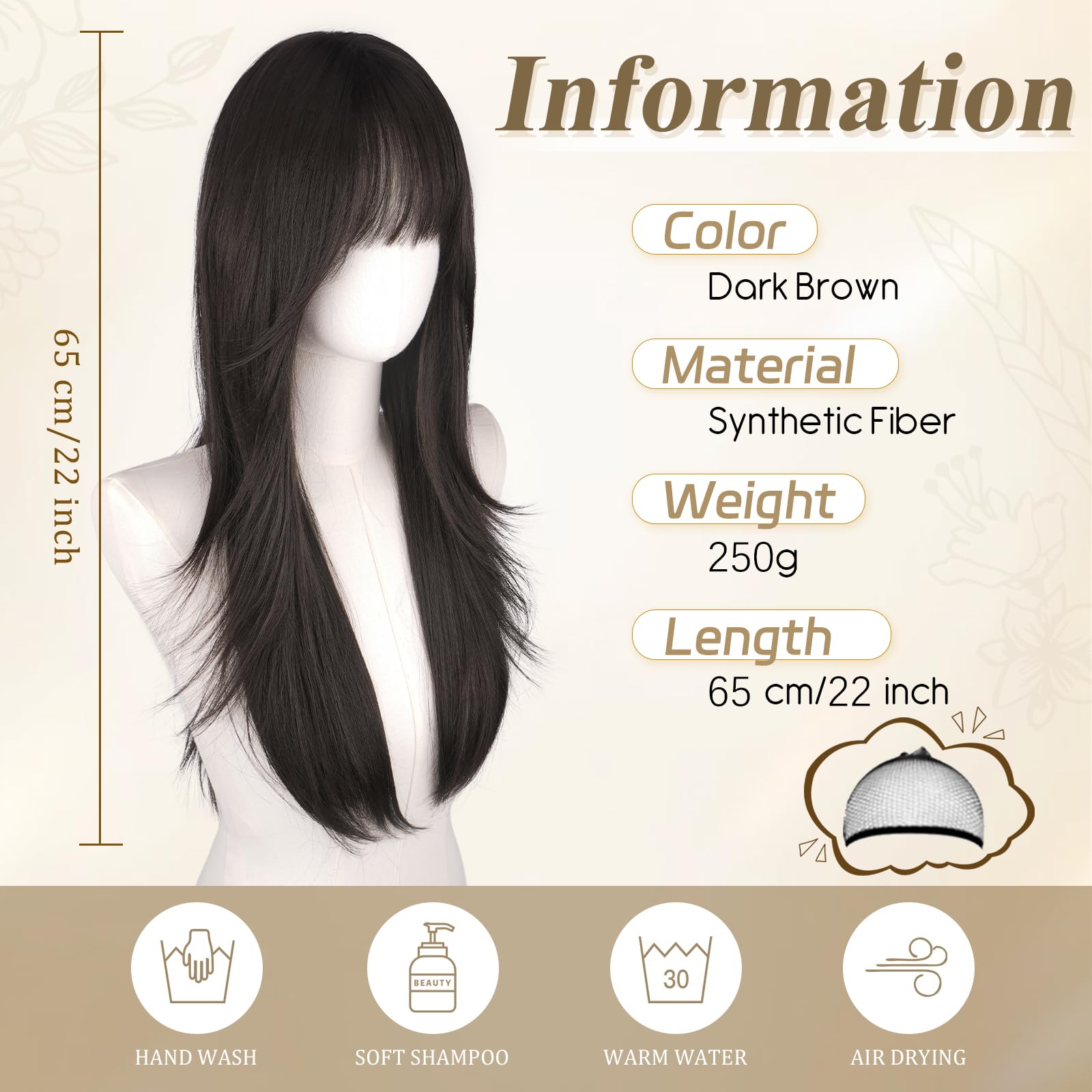 RUWISS Marrone Scuro Parrucca Lunga Layered Con Frange per Donna, 65cm Parrucche Naturale e Liscia Dritto Fibra Sintética Resistente per Uso