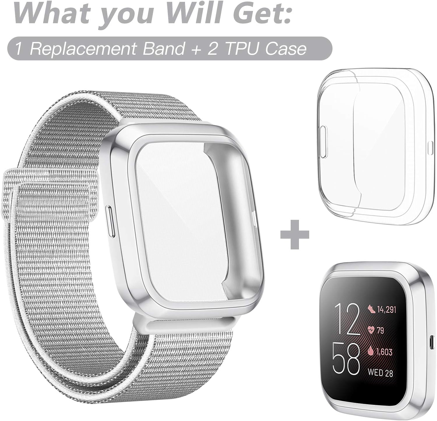 HAPAW Nylon Bands Compatible with Fitbit Versa 2 with Screen Protector Case, Adjustable Breathable Sport Replacement Strap Woman Men Wristband Accessories with 2 Pack Soft TPU Bumper Cover for Versa 2 Smartwatch