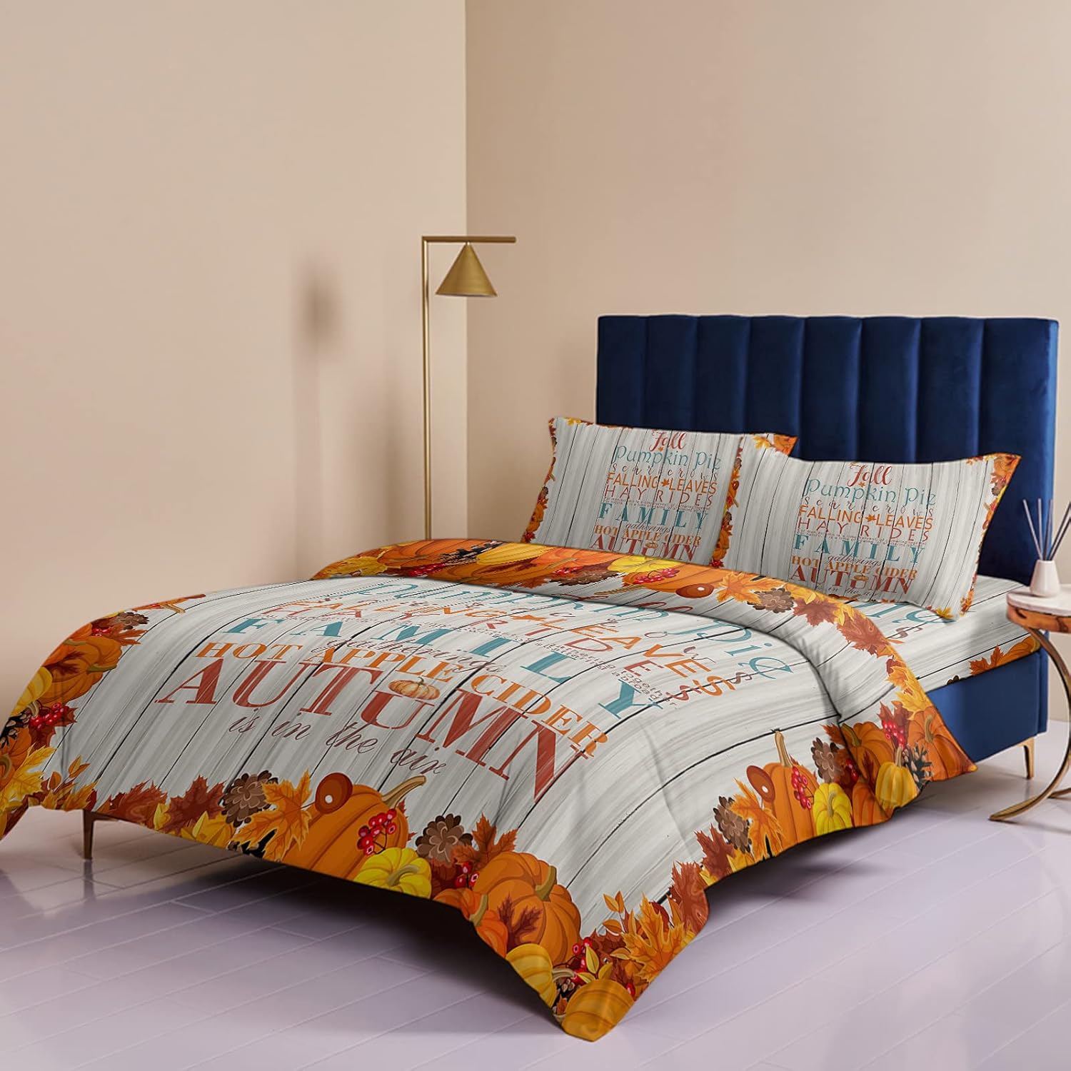 Exclusive Discount 90% Price Autumn Harvest Quotes on Wood Grain Duvet Cover Sets 4 Piece Queen Ultra Soft Bed Quilt Cover Set for Kids/Teens/Women/Men Fall Pumpkin Bedding Collection All Season Use