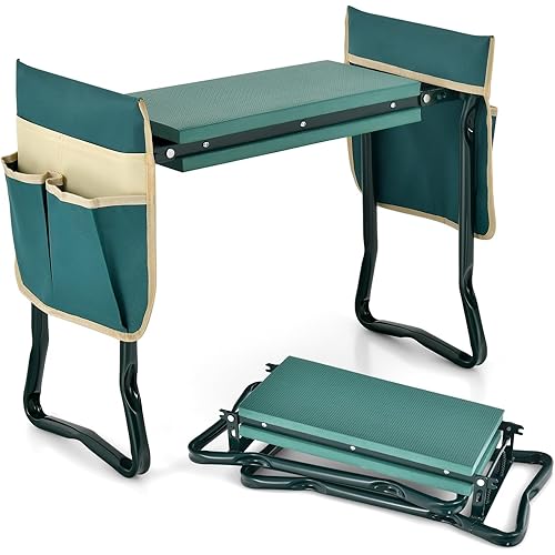 Goplus Garden Kneeler and Seat, Foldable Garden Bench for Kneeling & Sitting, Widened 8" EVA Soft Foam Pad, Heavy-Duty Garden Stool w/ 2 Large Tool Pouches, Gardening Gift for Women Men Seniors