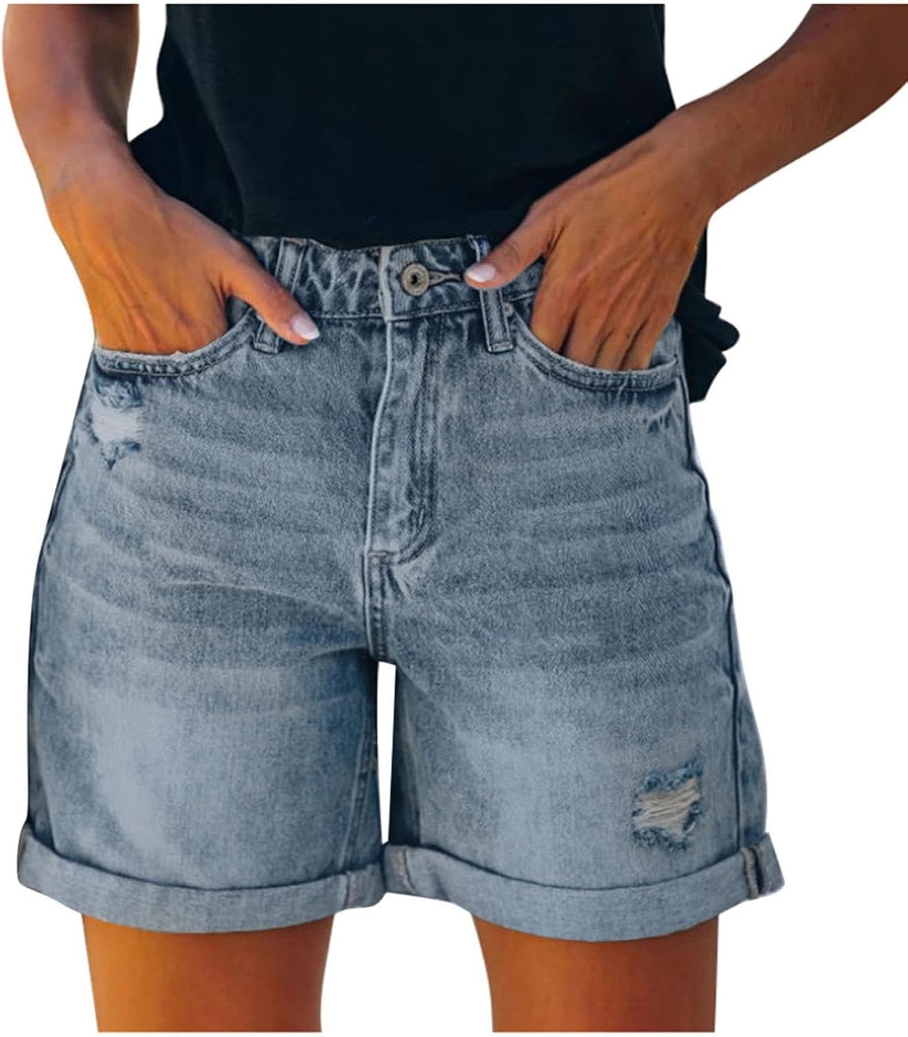 Denim Shorts for Women Stretchy Button Mid Waisted Summer Beach Travel Casual Trendy Ripped Loose Fit Hot Short Jeans