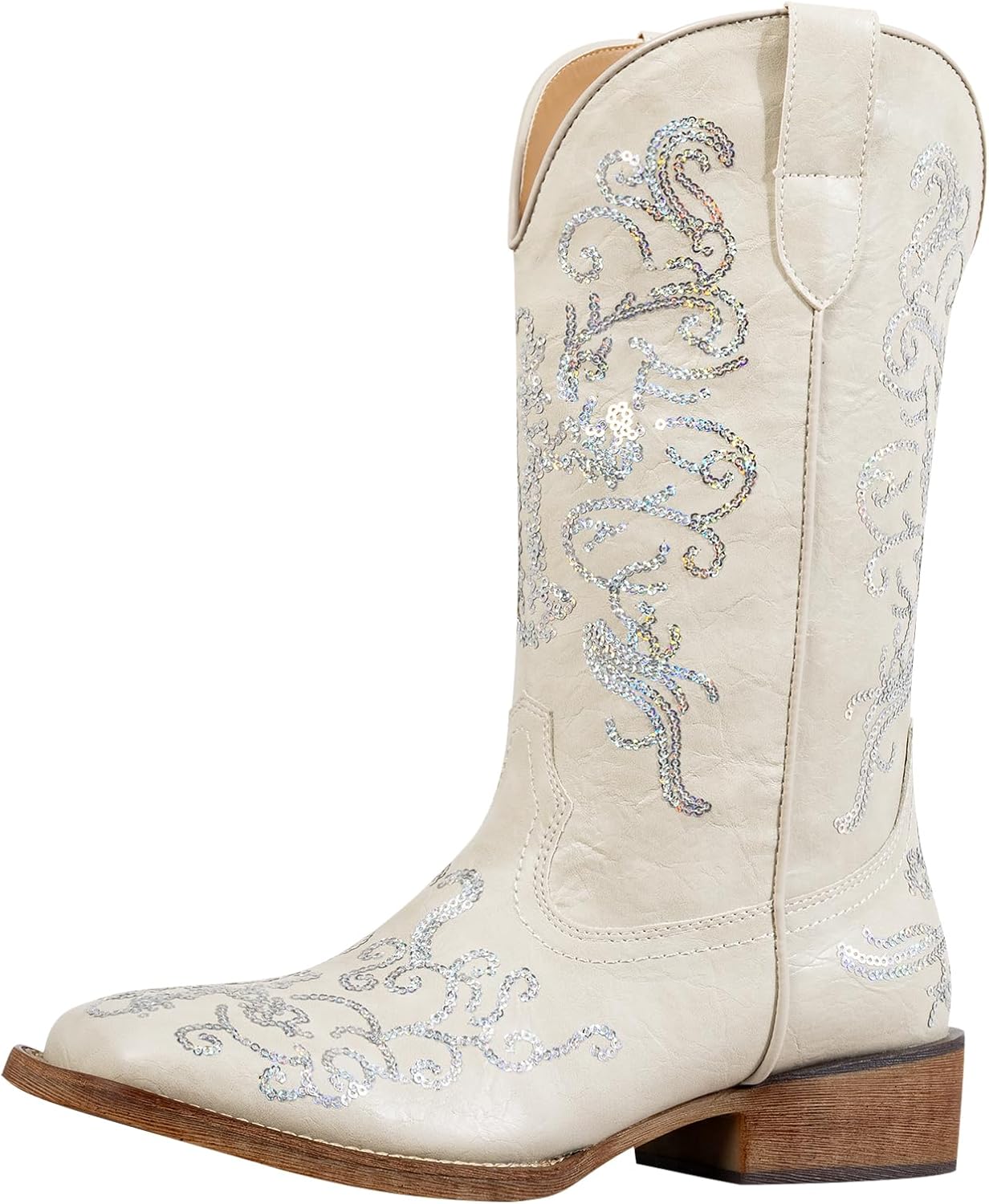 SheSole Women's Exquisite Floral Embroidery Sparkly Glitter Sequin Wide Square Toe Western Cowboy Cowgirl Boots Mid Calf Country Wedding Bridal Shoes