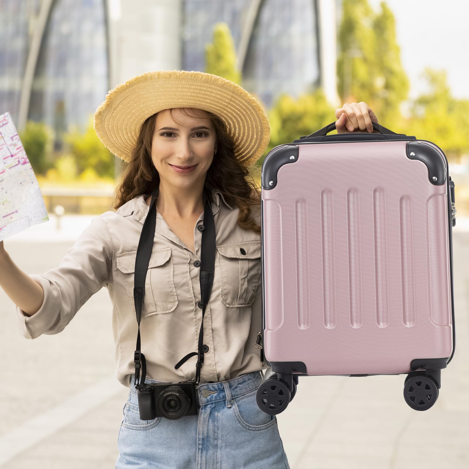 Trolley Koffer Suitcase, Reisekoffer, Rollkoffer Handgepäck, Hartschalenreisekoffer mit 4 Rollen 360°, Zahlenschloss, Weicher Gummigriff für Reisen, Camping (M, Roségold)