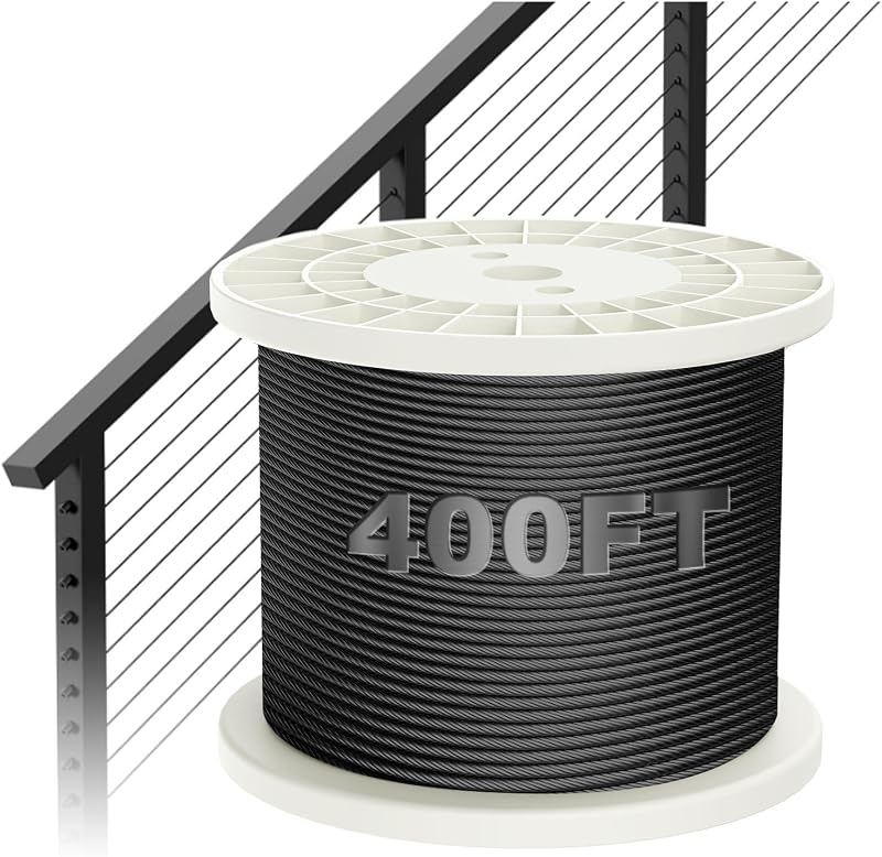 BLIKA 400FT 1/8" Black Stainless Steel Cable, T316 Marine Grade | Stainless Steel Wire Rope 7x7 Strand Construction, 1850lbs Breaking Strength Aircraft Cable for Deck Cable Railing