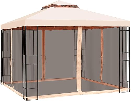 Miniatura 9 de Tangkula Cenador de acero para patio de 10 x 10 pies, gran toldo para exteriores con red, cremalleras y techo ventilado de 2 niveles, cenador de