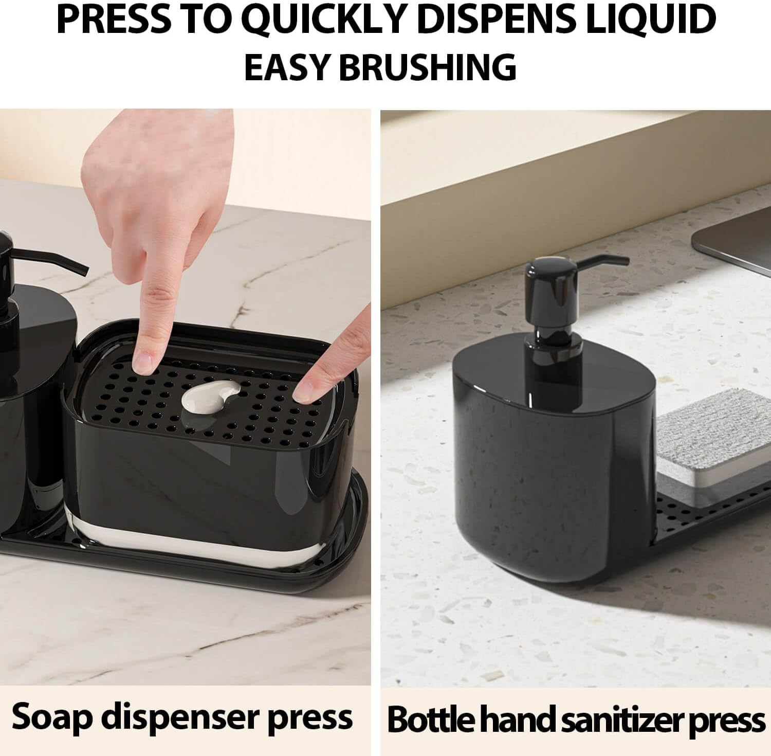 Kitchen Soap Dispenser Set with Tray and Sponge Holder, Dish and Hand Soap Dispenser with Dishcloth Holder 4-in-1 Kitchen Sink Countertop Storage Organizer, Useful Kitchen Gadgets -Black