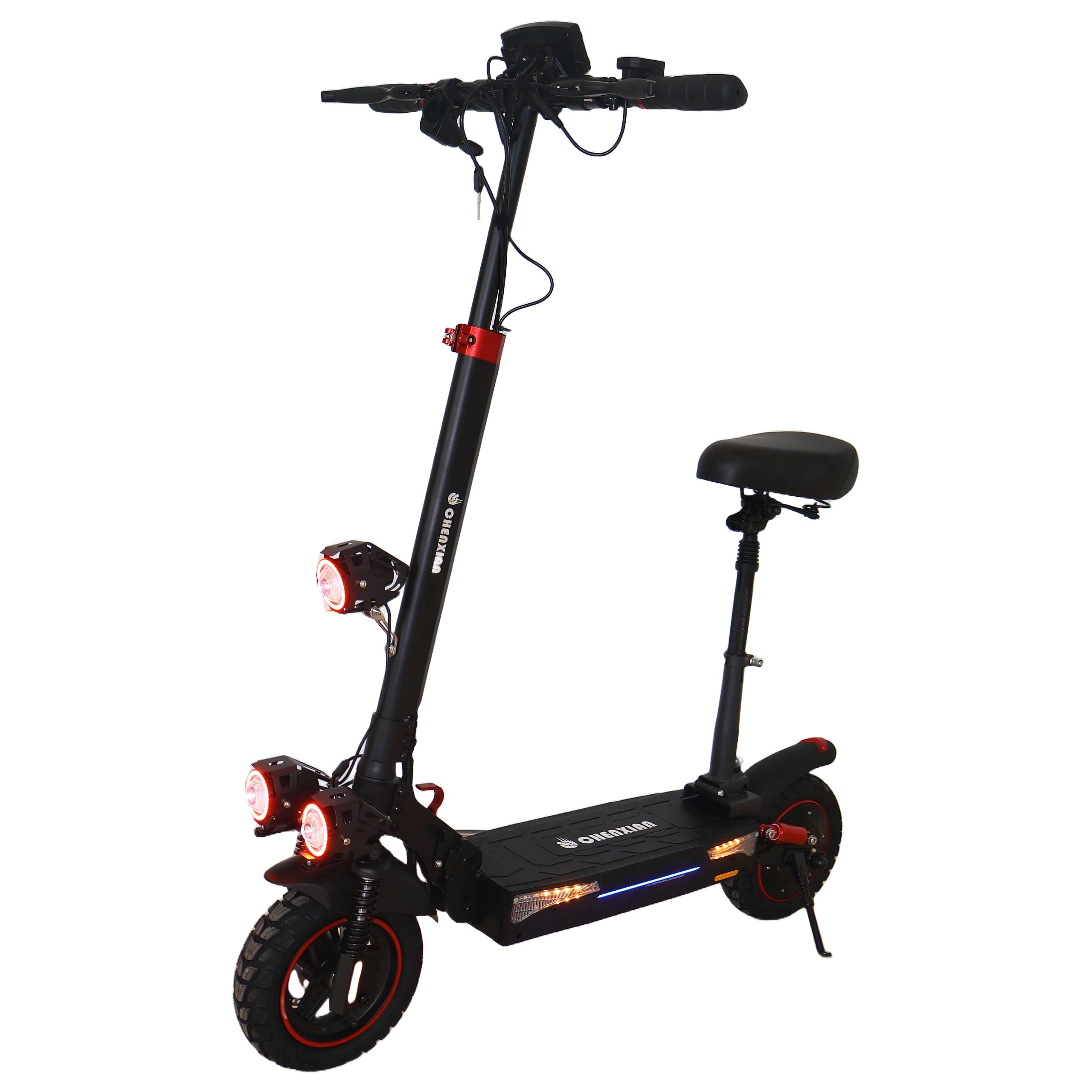 CHENXIAN T4 Foldable Kick Scooter with Seat – Dual Suspension, Front & Rear Disc Brakes, Kickstand, Foldable Handlebars – Adult Commuter Scooter for Urban Travel